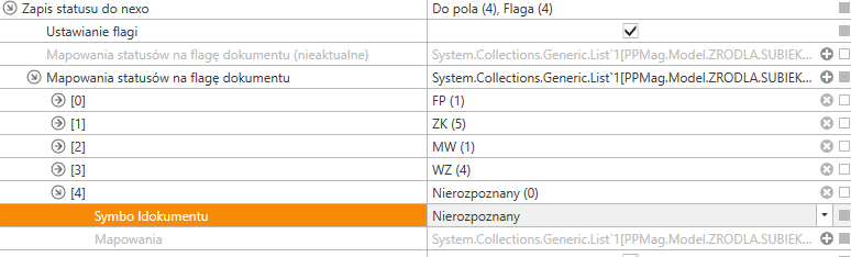 Widok mapowania typu dokumentu do statusu flagi.