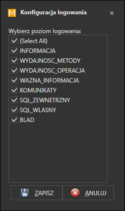 Okno konfiguracji poziomu logowania zdarzeń do pliku w aplikacji PP Mag.