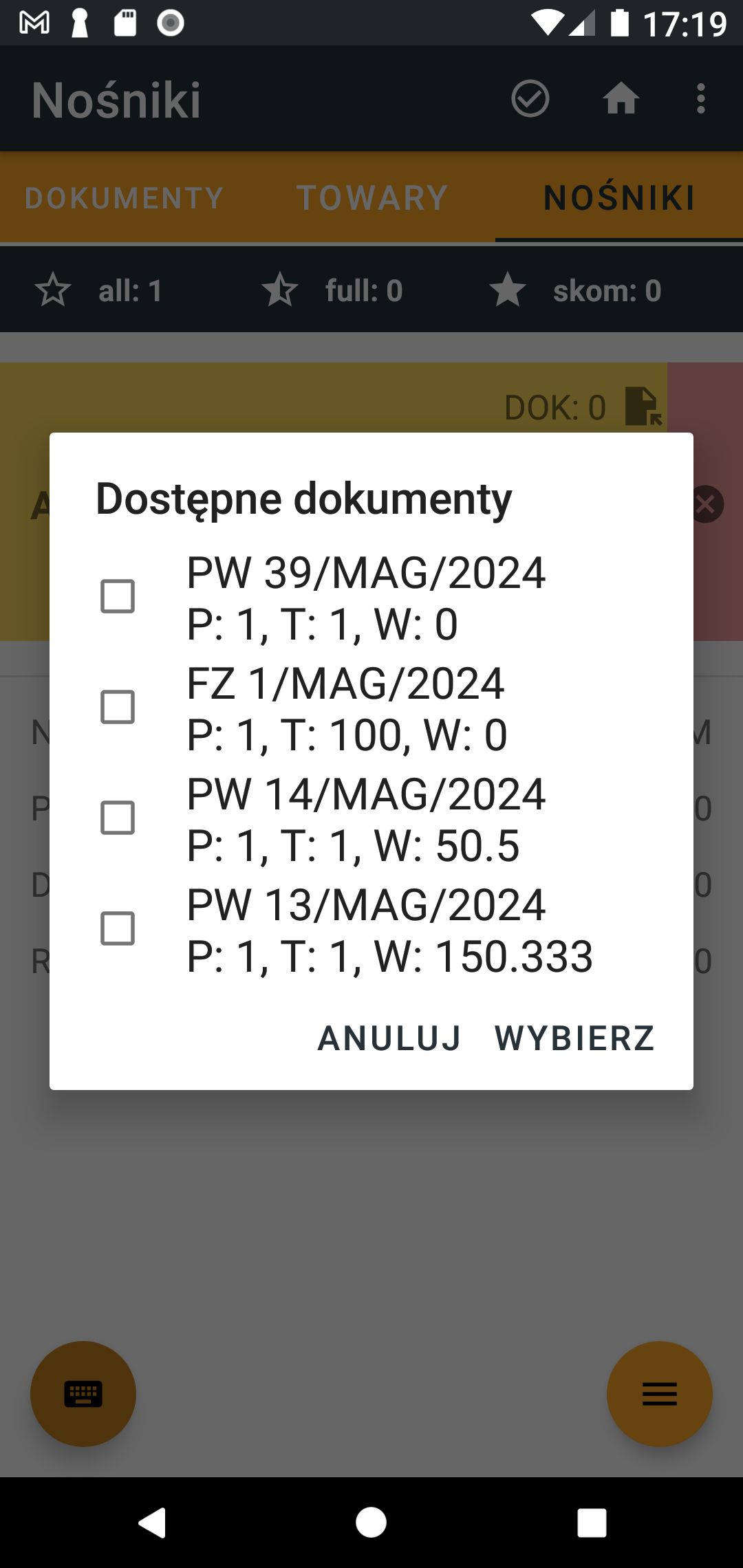 Lista dokumentów możliwych do przypisania do nośnika w celu rozłożenia na magazynie.