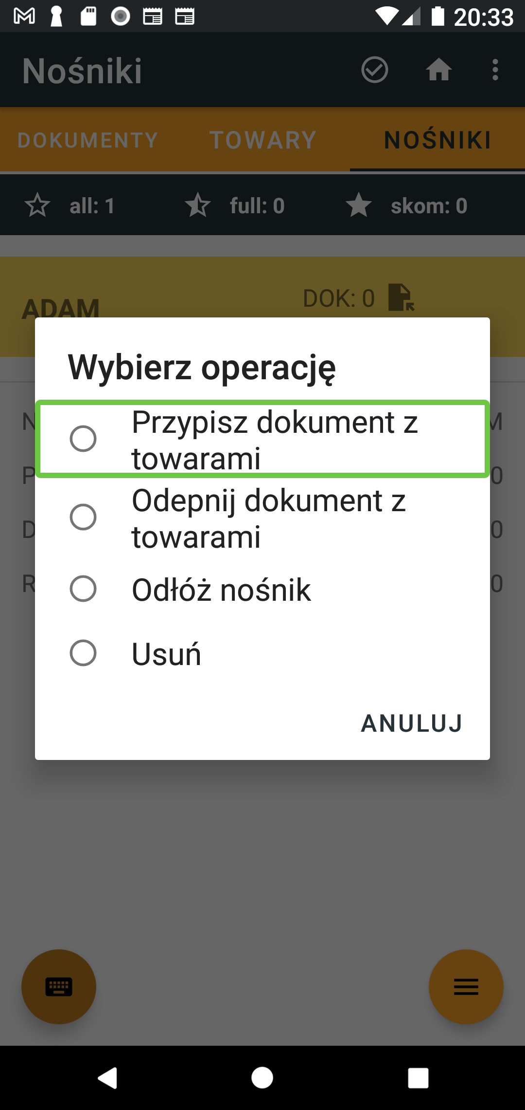Menu kontekstowe z operacjami możliwymi do wykonania na nośniku.