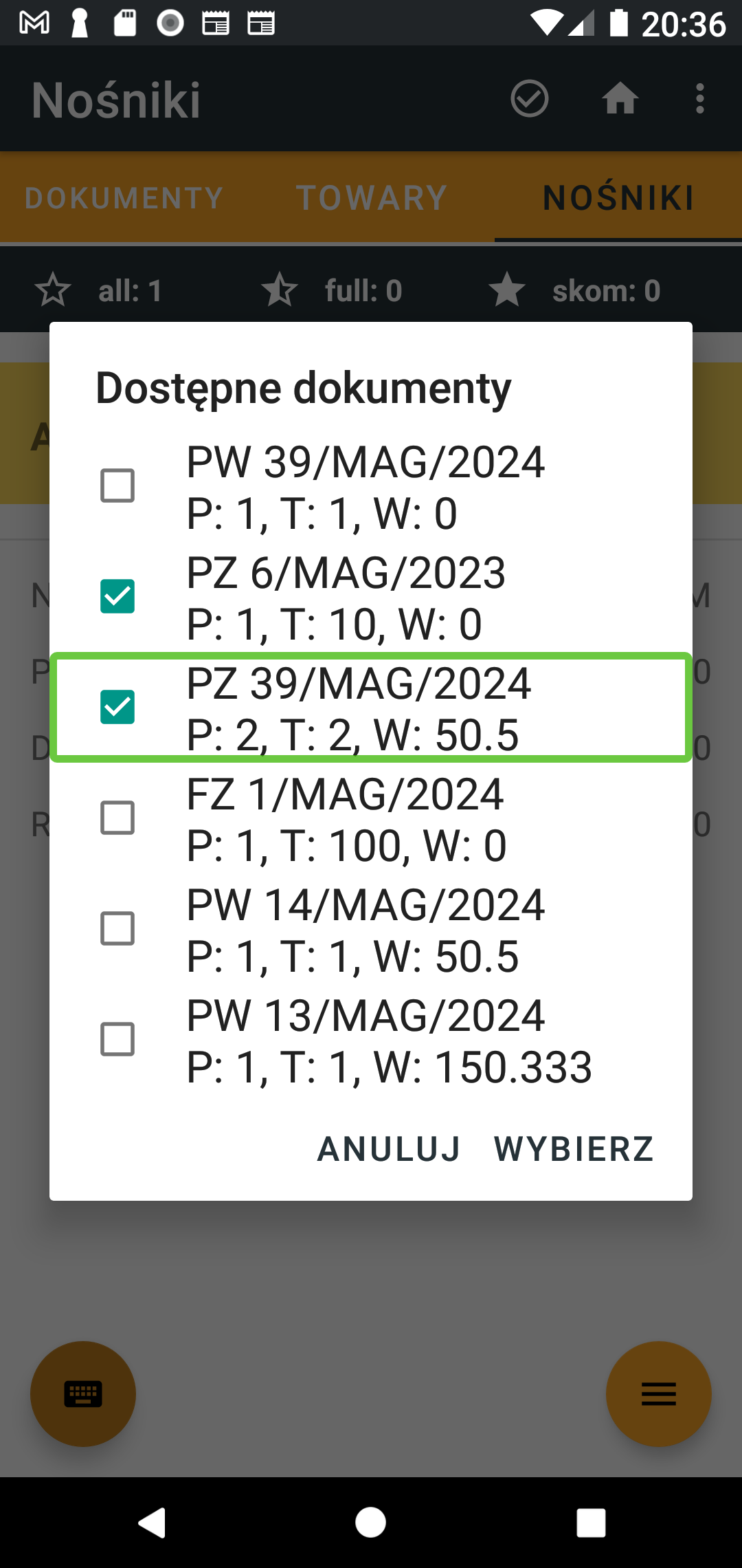 Lista dokumentów przyjęć które mogą być przypisane do nośnika w celu rozłożenia towaru na magazynie.