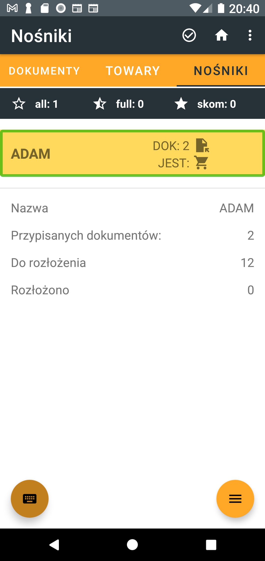 Nośnik z przypisanymi dokumentami i towarem.