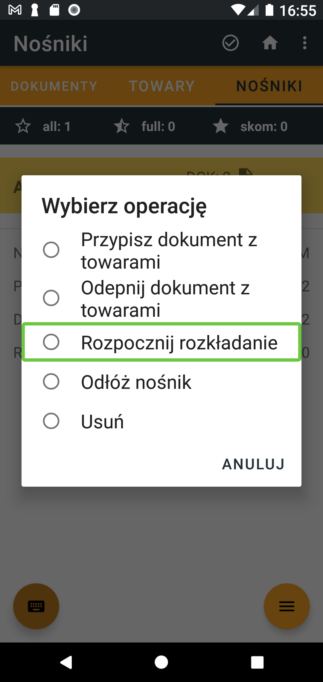 Operacje w menu kontekstowym nośnika. Zaznaczona operacja uruchomienia rozkładania.