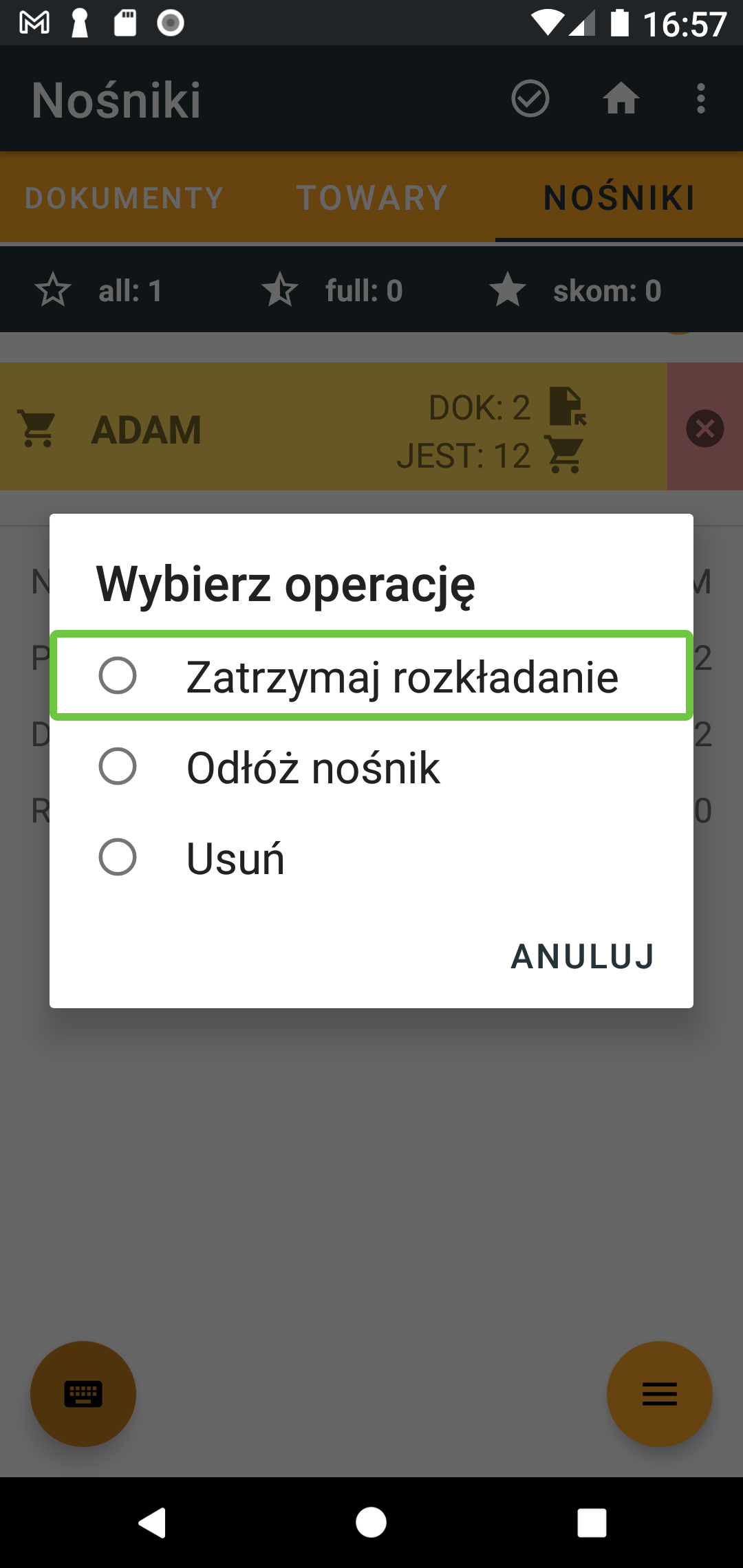 Menu kontekstowe nośnika z zaznaczoną opcją zatrzymania rozkładania towarów na magazynie.