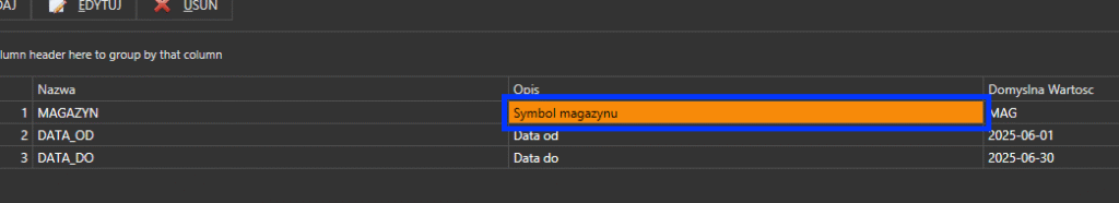 Przykład parametrów w oknie edycji raportu.