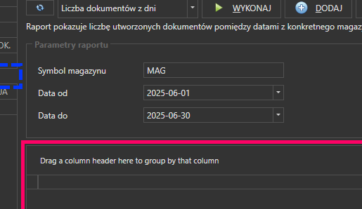 Przykład wyświetlonych parametrów raportu z możliwością uzupełnienia przez użytkownika wykonującego raport.