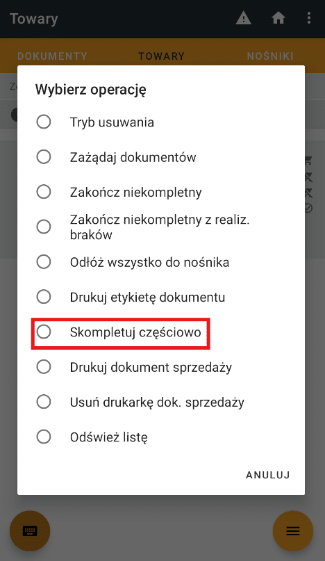 Okno Wybierz operację na kolektorze, zaznaczona na czerwono operacja Skompletuj częściowo.