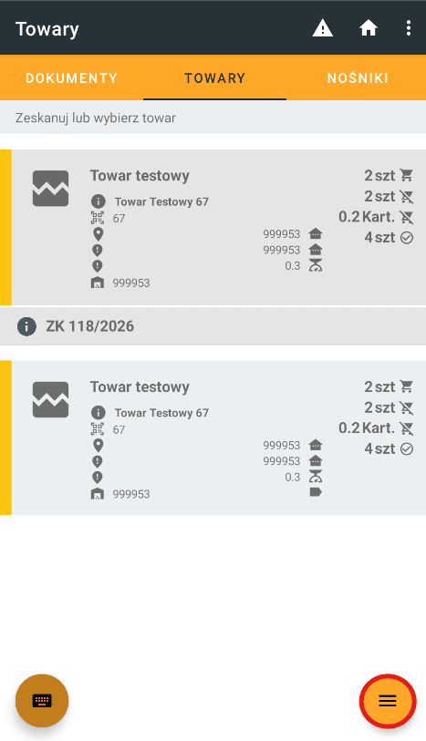 Widok kompletacji na kolektorze, widoczne skompletowane towary 2 z 4, zaznaczony na czerwono menu kontekstowe.