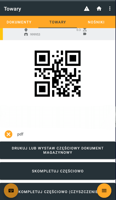 Ekran kompletacji częściowej na kolektorze z kodem QR dokumentu oraz przyciskami DRUKUJ LUB WYSTAW CZĘŚCIOWY DOKUMENT MAGAZYNOWY, SKOMPLETUJ CZĘŚCIOWO i SKOMPLETUJ CZĘŚCIOWO (CZYSZCZENIE).