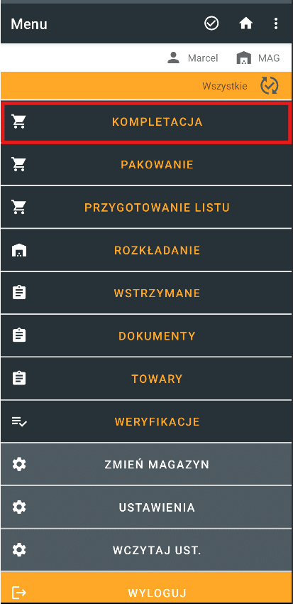 Menu kolektora z zaznaczonym czerwonym prostokątem modułem kompletacja.