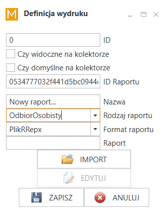 Okno dodawania nowej definicji wydruku ze wskazanym rodzajem raportu OdbiorOsobisty.