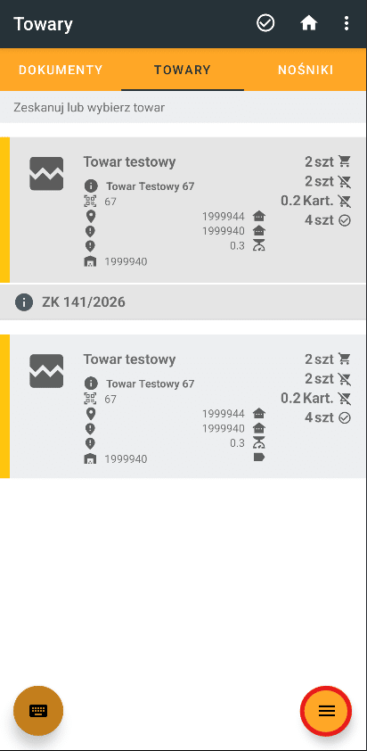 Zakładka towary w module kompletacji, widoczne towary do zeskanowania i zaznaczone na czerwono menu kontekstowe. 