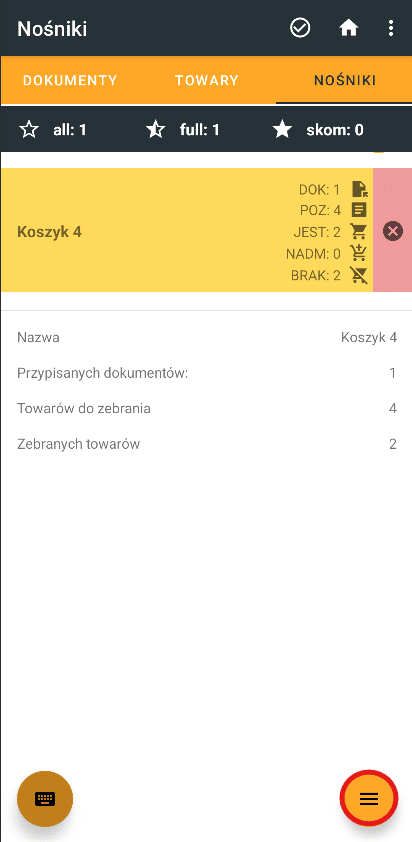 Zakładka nośniki w module kompletacji, widoczny podpięty nośnik, zaznaczone na czerwono menu kontekstowe.