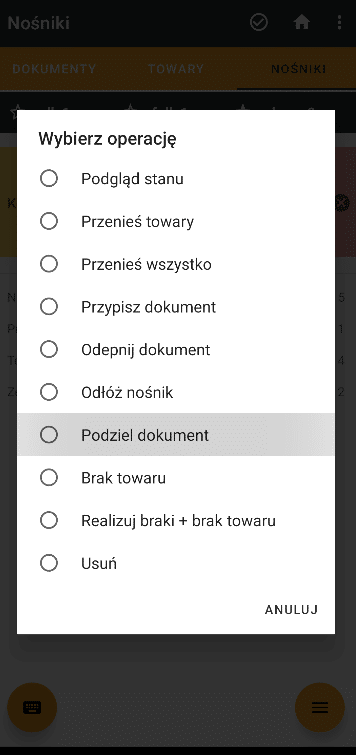 Widok zakładki nośniki, ze wskazaną opcją podziel dokument.