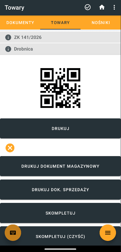 Ekran kompletacji końcowej na kolektorze z kodem QR dokumentu oraz przyciskami DRUKUJ, DRUKUJ DOKUMENT MAGAZYNOWY, DRUKUJ DOK. SPRZEDAŻY, SKOMPLETUJ i SKOMPLETUJ (CZYŚĆ).