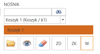 Zrzut ekranu z zakładki wydania, gdzie jest widoczna sekcja nośnik z wybranym nośnikiem i zaznaczeniem przycisku W.