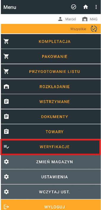 Menu PP Kolektor z zaznaczonym modułem weryfikacji na czerwono.