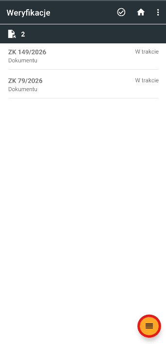 Okno listy weryfikacji z zaznaczonym na czerwono menu kontekstowym.