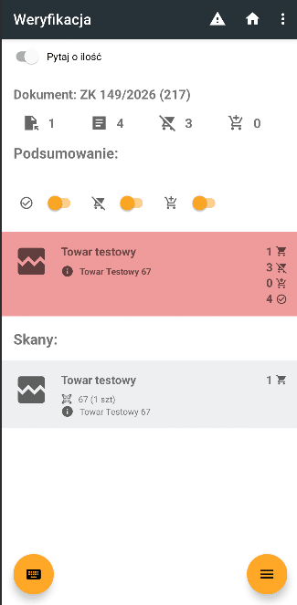 Ekran podsumowania skanów towarów.