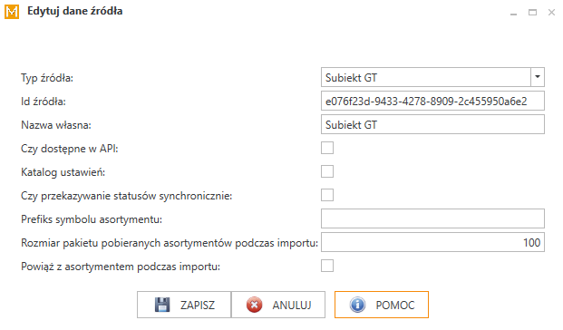 Okno edycji danych źródła.