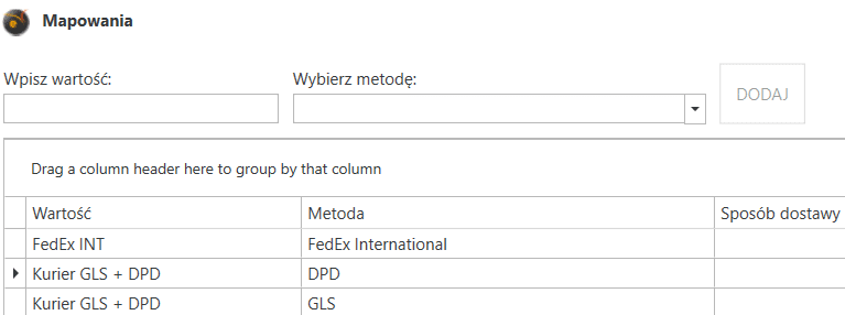 Widok mapowania przewoźnika. 