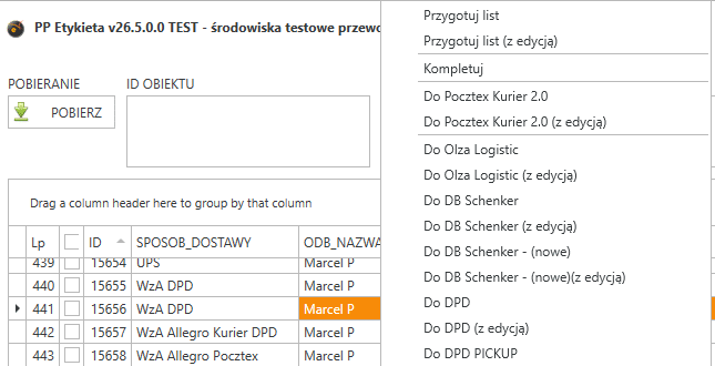 Widok programu PP Etykieta z zaznaczonym rekordem w tabeli z wyświetlonym menu kontekstowym.