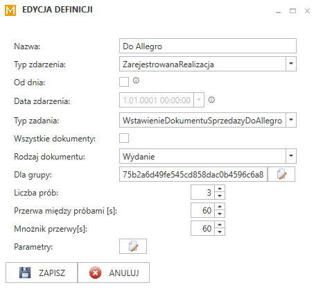 Widok dodawania definicji zadania automatycznego.