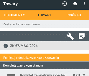 Widok ekranu kompletacji z notatką. 
