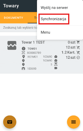 Widok opcji menu wskazujący na przycisk "Synchronizacja".