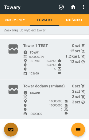 Widok dodanych pozycji podczas trwającej kompletacji.
