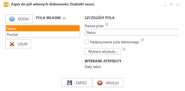 Widok konfiguracji pól własnych do zadania automatycznego.