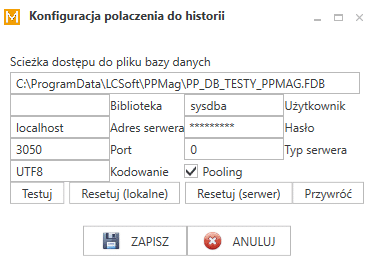Widok okna konfiguracji połączenia z bazą danych.