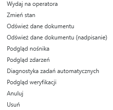 Widok menu kontekstowego w zakładce przyjęcia.