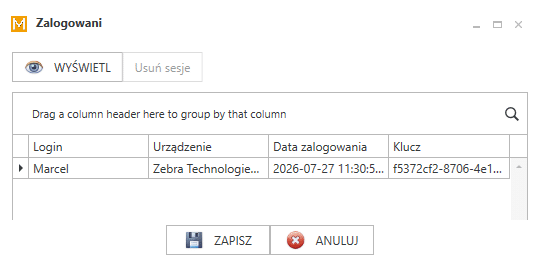 Okno Zalogowani z listą aktywnych sesji użytkowników aplikacji PP Kolektor.