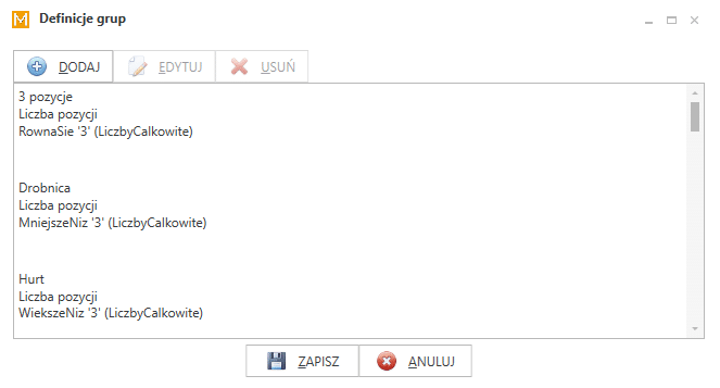 Widok okna definicji grup.