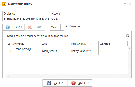 Widok okna edycji/dodawania grupy dokumentów.