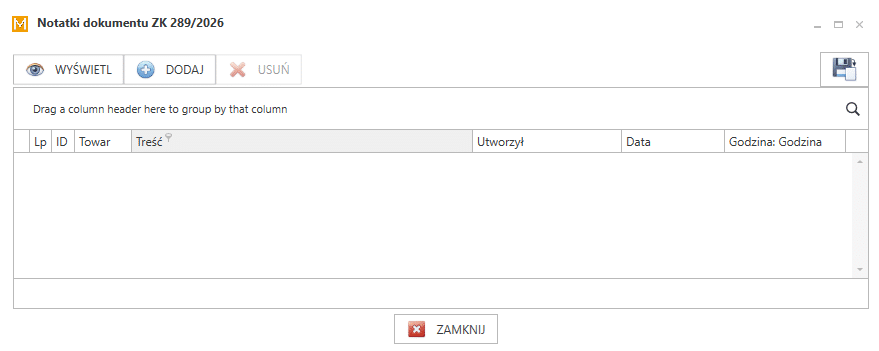 Okno podglądu notatek przypisanych do dokumentu.