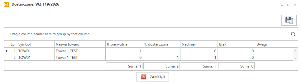 Widok okna dokumentów dostarczonych. 