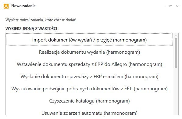 Okno wyboru rodzaju zadania automatycznego w programie PP Mag Automat.