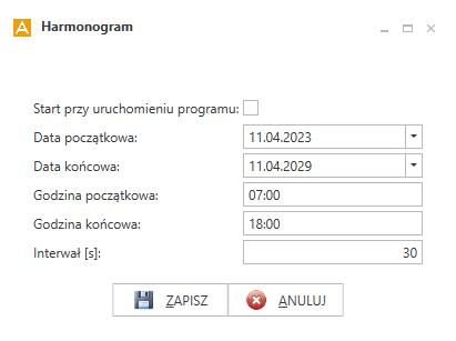 Okno edycji harmonogramu grupy zadań automatycznych.