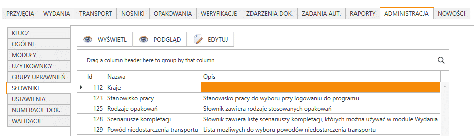Podzakładka Słowniki w zakładce Administracja programu PP Mag.
