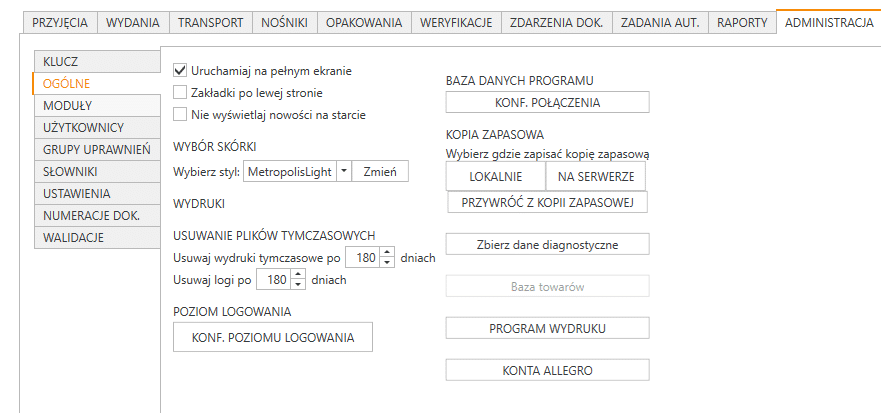 Widok podzakładki Ogólne w zakładce Administracja programu PP Mag.