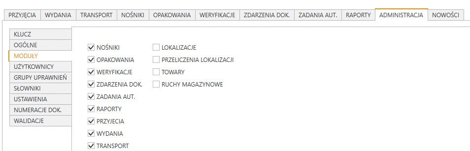 Widok podzakładki Moduły w zakładce Administracja programu PP Mag.