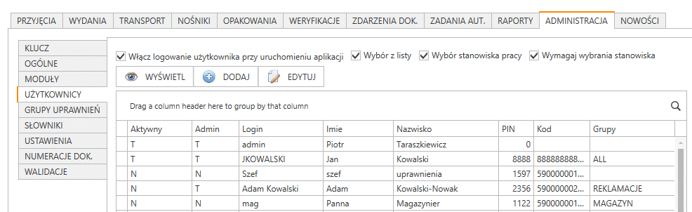 Widok podzakładki Użytkownicy w zakładce Administracja programu PP Mag.