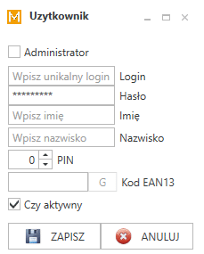Okno edycji użytkownika programu PP Mag.
