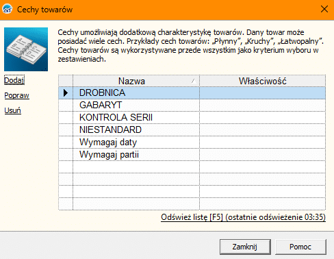 Widok cech towarów w Subiekcie GT.