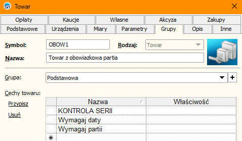 Widok cech przypisanych do towaru w Subiekcie GT.