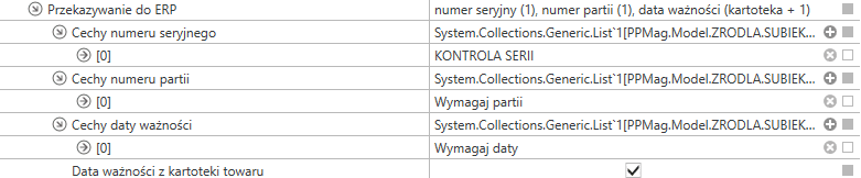 Widok cech w węźle Przekazywanie do ERP.