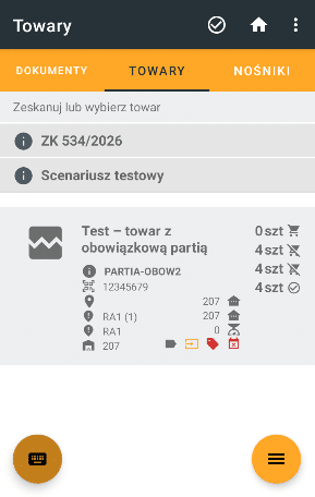 Zakładka towary w module kompletacji, karta towaru z ikonami właściwości towaru w dolnym rzędzie karty.