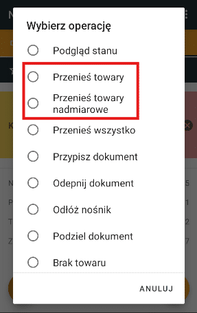 Widok menu kontekstowego z zaznaczonymi opcjami przeniesienia towarów.